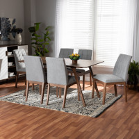 Baxton Studio RDC714-Light GreyWalnut-7PC Dining Set Baxton Studio Tara Mid-Century Modern Light Grey Fabric Upholstered and Walnut Brown Finished Wood